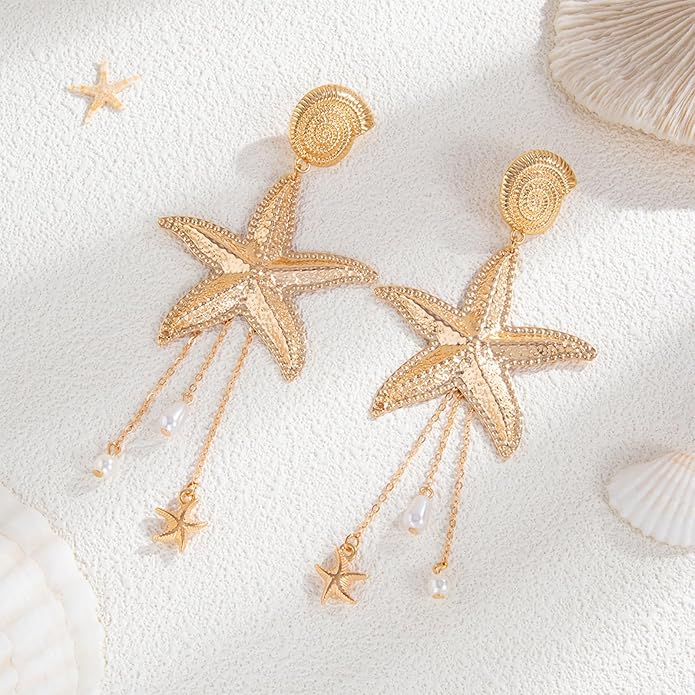 Gold Starfish Earrings for Women Trendy Dainty Starfish Statement Stud Earrings Hypoallergenic Summer Beach Ocean Coastal Jewelry