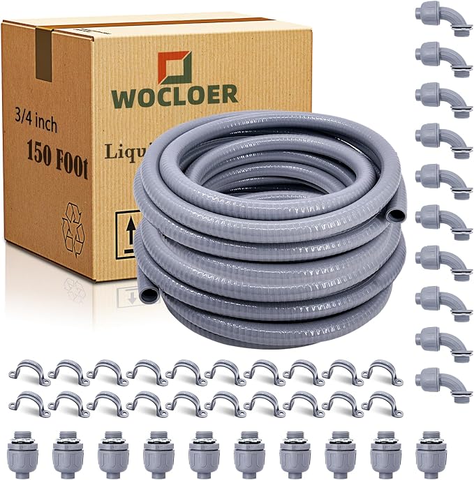 3/4 inch 150 Foot Liquid-Tight Conduit and Connector Kit, Flexible Non Metallic by Wocloer