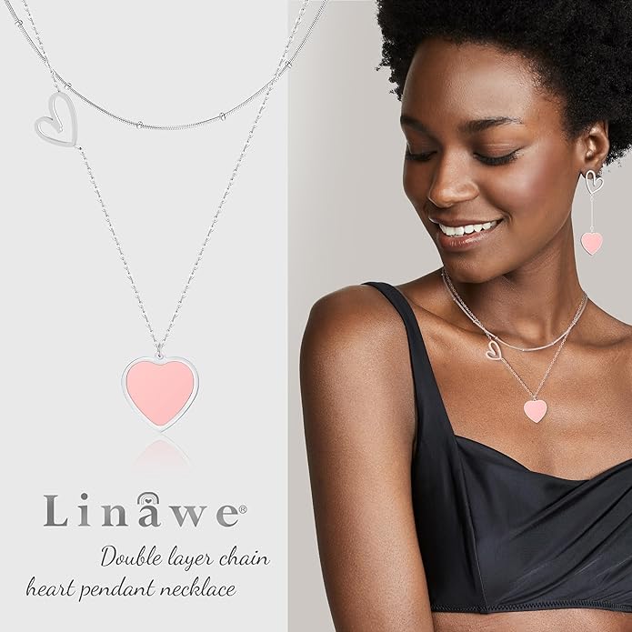Linawe Layered Choker Heart Pendant Necklace for Women Trendy, Gold/Silver/Rose Gold Chain Stainless Steel Stacked Necklaces, Double Heart Necklace Y2K Preppy Jewelry