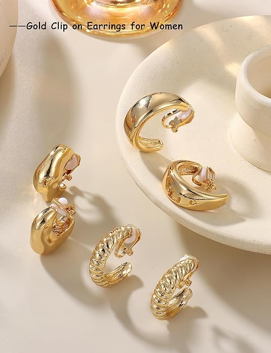 BESTEEL 3Pairs Clip on Earrings for Women Trendy Hypoallergenic 14K Gold Plated Chunky Tube Croissant Waterdrop Clip-on Hoop Earrings Set Fake Jewelry Non Pierced Ears