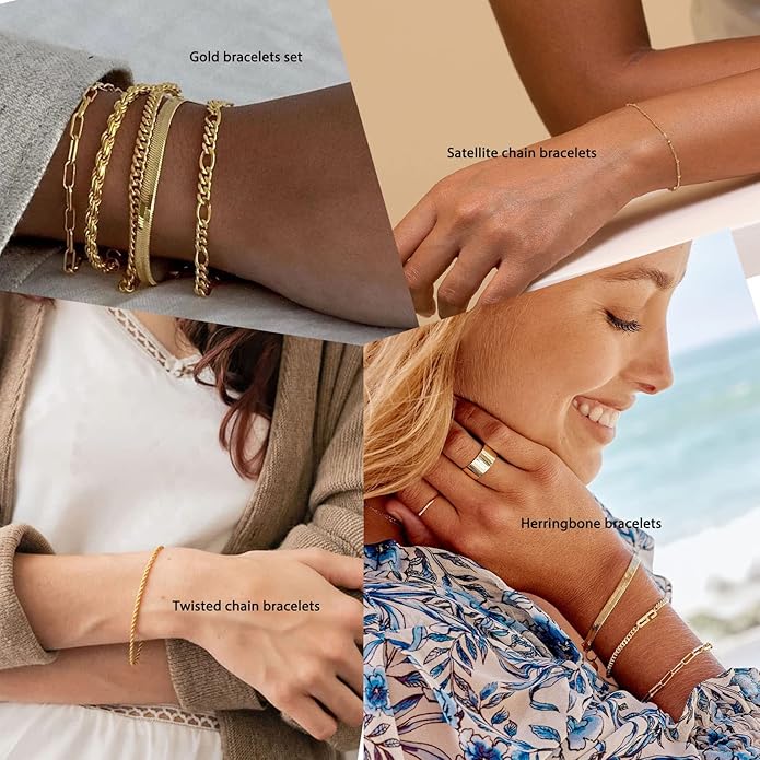 Gold Bracelets Set for Women Non Tarnish Trendy,14K Gold Plated Dainty Stackable Paperclip Cuban Link Chain Bracelets, Simple Cute Cuff Bracelets Jewelry Set Adjustable 7"+2"