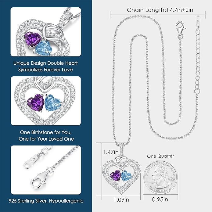 LOUISA SECRET Sparkling Double Heart Birthstone Necklaces for Women, 925 Sterling Silver Fine Jewelry, Pendant Heart Necklaces Birthday Anniversary Christmas Gift for Women Wife Mom Girlfriend Lady