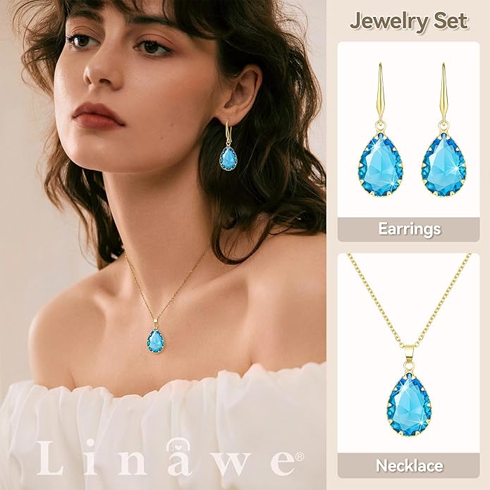 Linawe Crystal Jewelry Sets for Women, Imitation Diamond Pendant Necklace, Rhinestone Drop Dangle Earrings, Birthstone Cubic Zirconia Matching Wedding Jewelry, 14K Gold/Rose Gold/Silver Tones