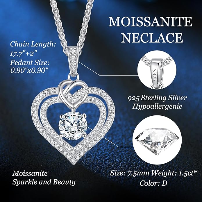 OOBEE Valentines Day Gift Moissanite Heart Necklaces for Women, 1- 4 Carat Moissanite 925 Sterling Silver 14K Gold Plated Pendant Necklace, Ideal Anniversary Birthday Christmas Mothers Day Jewelry Gifts for Mom Wife Her Girlfriend Daughter