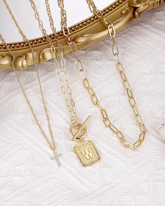 MJartoria Layered Initial Necklaces for Women Trendy, 14K Gold Plated Brass Simple Dainty Cross Choker Square Letter Pendant Necklace, Paperclip Chain Necklaces Jewelry