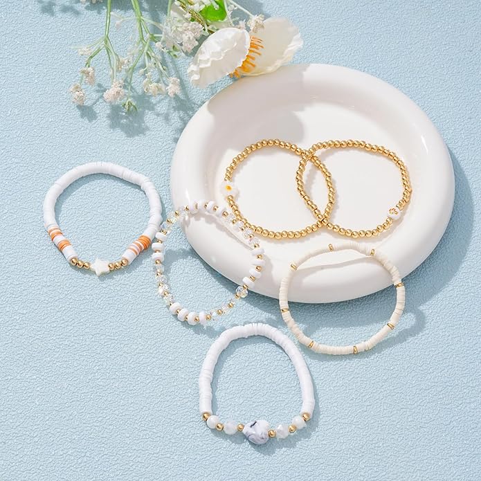Heishi Beaded Stretch Bracelets for Women Stackable Polymer Clay Beads Bracelets Friendship Boho Summer Beach Bracelet Jewelry Set