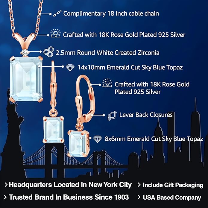 Gem Stone King 9-13 Cttw Pendant and Earrings Jewelry Set For Women | Emerald Cut 14X10MM and 8X6MM | Round 1.5MM | Gemstone Birthstone and Diamond | 925 Sterling Silver | 18 Inch Silver Chain