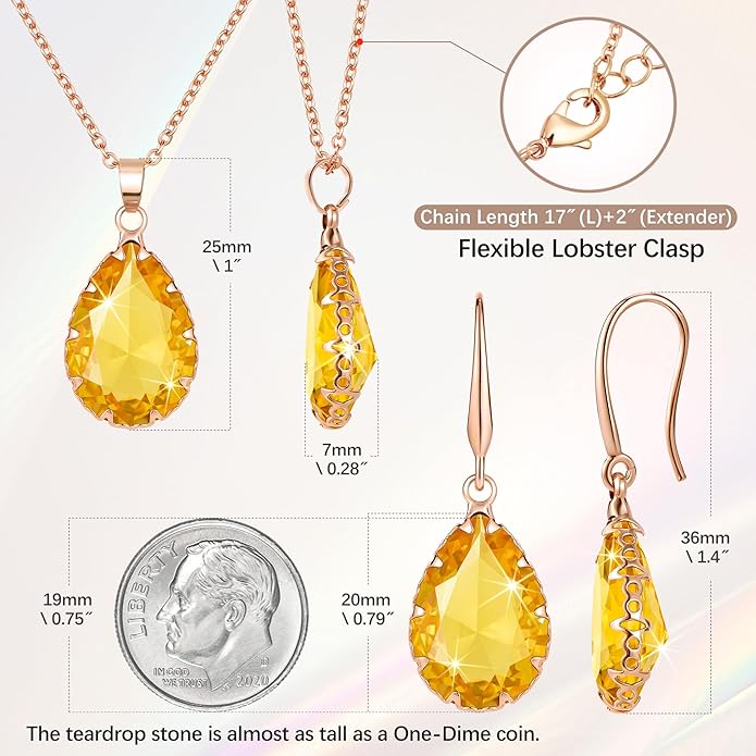 Linawe Crystal Jewelry Sets for Women, Imitation Diamond Pendant Necklace, Rhinestone Drop Dangle Earrings, Birthstone Cubic Zirconia Matching Wedding Jewelry, 14K Gold/Rose Gold/Silver Tones
