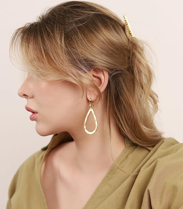 OZEL Gold Dangle Earrings for Women Brushed Finish, Matte Gold Statement Jewelry, 14k Gold Plated