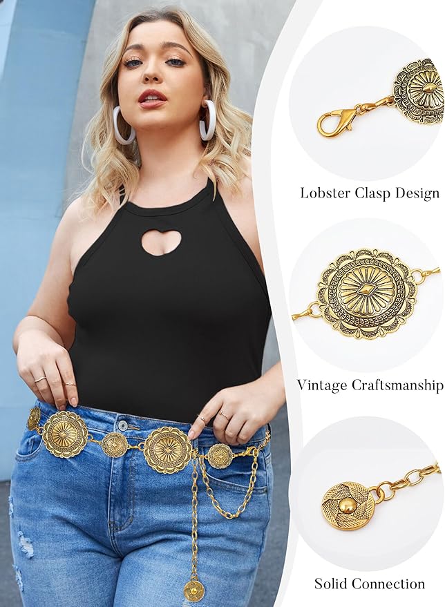 FIORETTO Metal Waist Chain Link Belt for Women Western Cowgirl Boho Turquoise Belts for Dress Jeans Country Concert Outfit