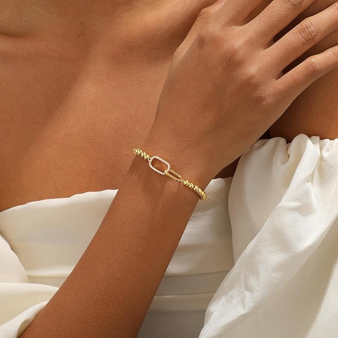 Gold Bracelets for Women, Cute 14K Gold/Silver Plated Stretch Beaded Bracelets for Women Trendy Stackable Charm Bracelet Dainty Adjustable Waterproof Non Tarnish Jewelry Gifts for Her