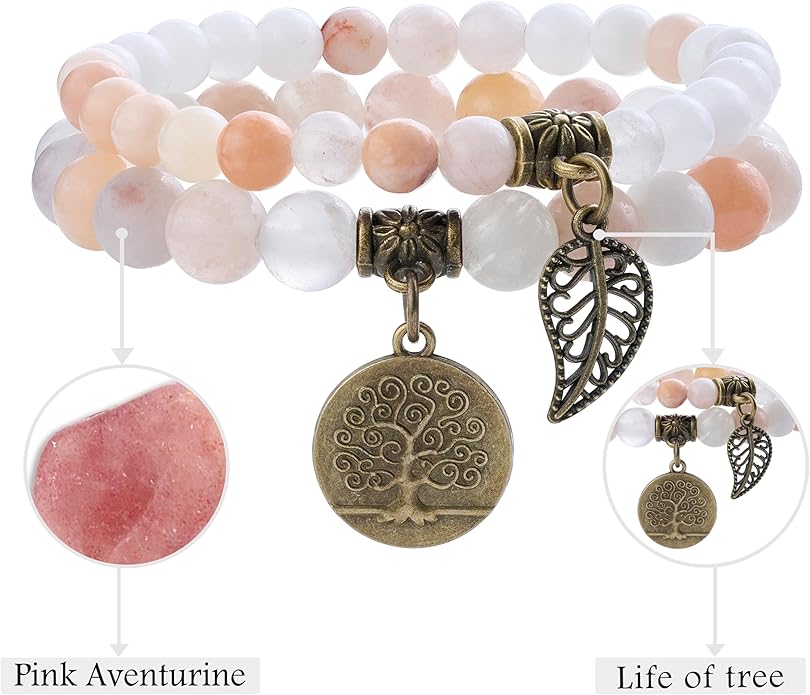 Bivei Natural Semi Precious Gemstone beads bracelet for women - Life Tree and Leaf Charm Energy Reiki Crystal Stretch Bracelets
