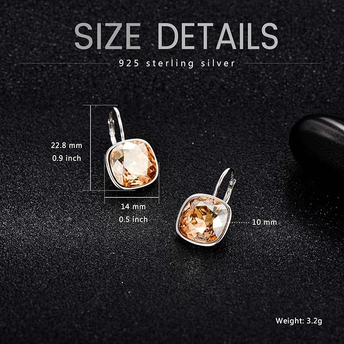 AOBOCO Sterling Silver Leverback Earrings Embellished with Crystals from Austria, Hypoallergenic Cushion Cut Square Crystal Earrings, Fine Anniversary Birthday Jewelry Gifts for Women