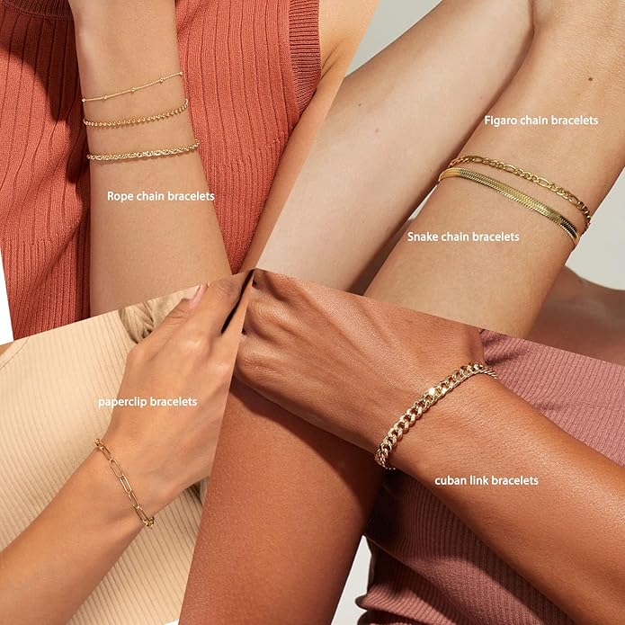 Gold Bracelets Set for Women Non Tarnish Trendy,14K Gold Plated Dainty Stackable Paperclip Cuban Link Chain Bracelets, Simple Cute Cuff Bracelets Jewelry Set Adjustable 7"+2"