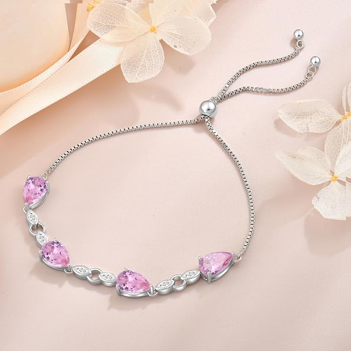 Teardrop Birthstone Bracelet for Women, S925 Sterling Silver Pear Cut Cubic Zirconia Bracelet Dainty Adjustable Chain Jewelry Gift for Her