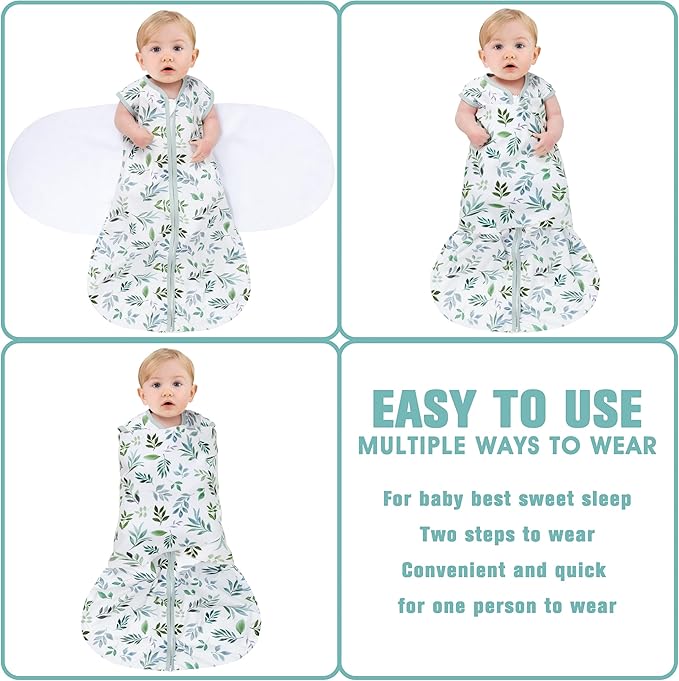 Newborn Sleep Sack Baby Swaddle,Swaddle me 6-12 Month,3-Way Adjustable Wearable Blanket,100% Rayon Cotton Swaddling Sleeping Bag，TOG 0.5 (Leaf, 6-12 Months)
