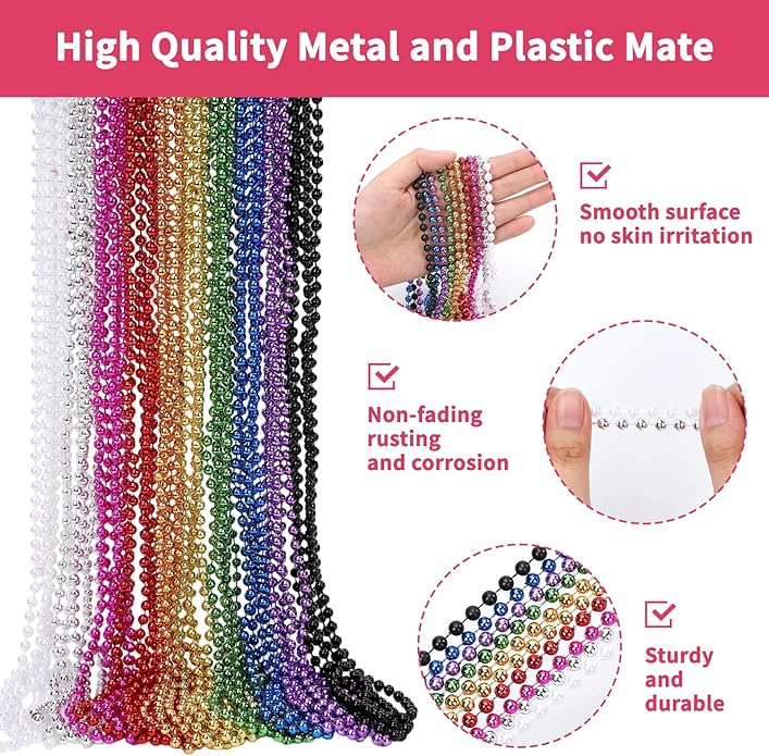 Mardi Gras Beads Necklaces, 33 Inch Plastic Beads for Party Favors, Festival Decorations, Parade Throws, Christmas, St. Patrick's Day Celebrations