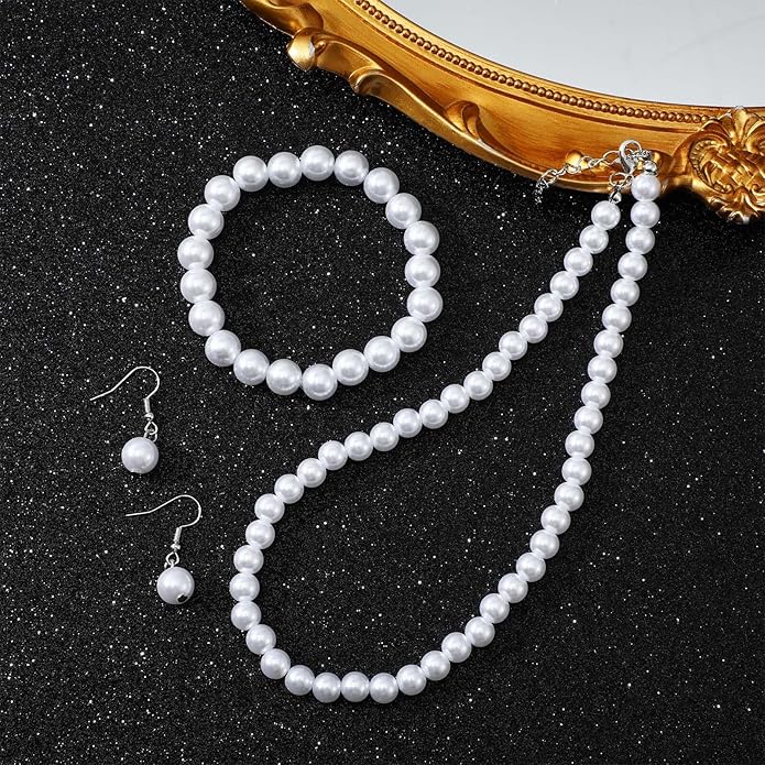 4 Sets Pearl Necklace Bracelet Earrings Set, Classic Faux Pearl Jewelry Set, Pearls Costume Jewelry for Women Brides Bridesmaid Wedding Party