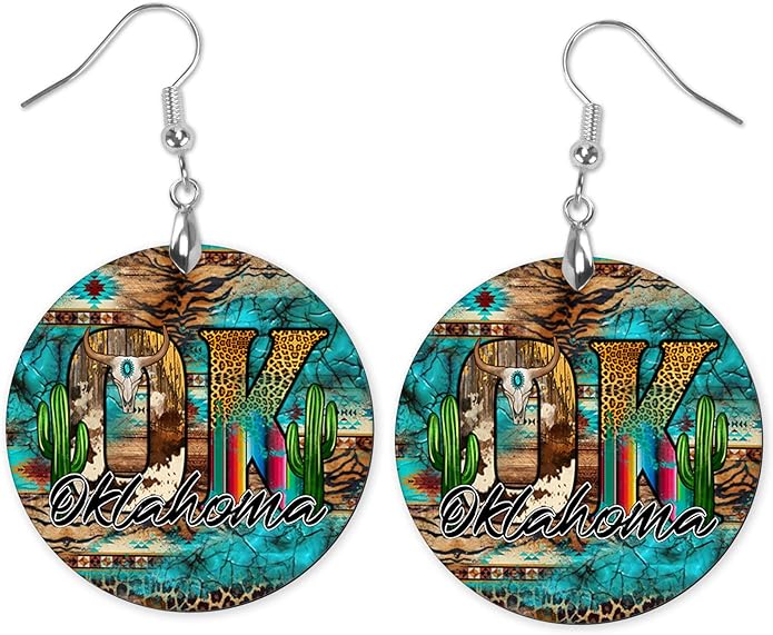 Round Wood Earrings Light Weight Printed Image Dangle Jewelry