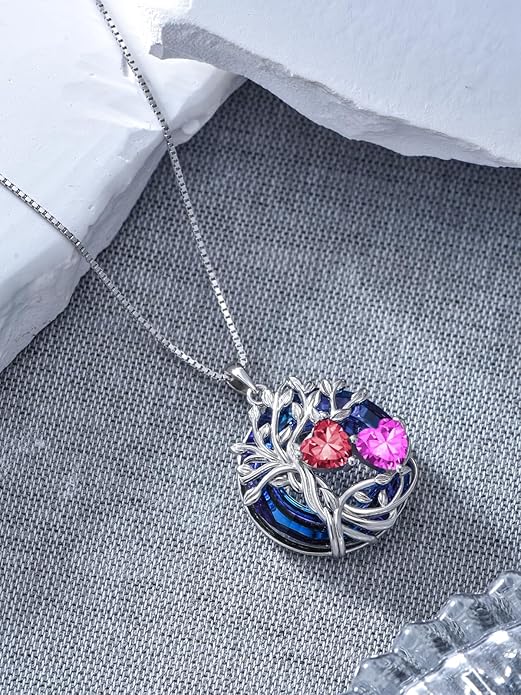 TOUPOP s925 Sterling Silver Family Celtic Tree of Life Pendant Necklaces with 2 Heart Birthstone with Blue Austrian Crystal Jewelry Birthday Valentines Day Gifts for Her, Anniversary Christmas Gifts for Wife Girlfriend Mom (18K Real White Gold Filled)