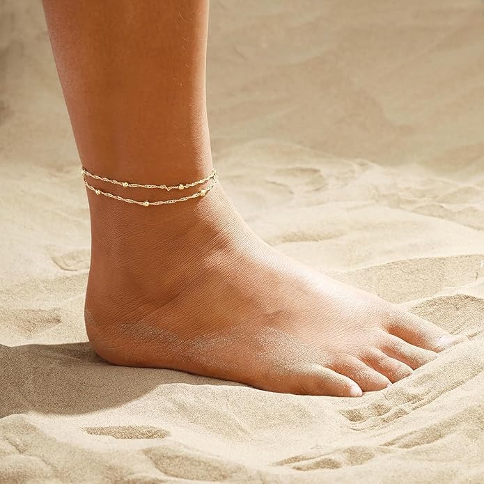 JINEAR Gold Ankle Bracelets for Women，14K Gold Plated Waterproof Chain Herringbone Layered Beaded Anklets Adjustable Summer Beach Jewelry Gift for Women