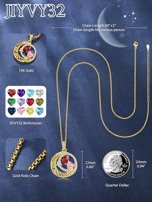14K Gold Moon and Star Necklace Gifts for Women - Double Heart Birthstone Necklace, Valentines Wedding Anniversary Birthday Gifts for Her Wife Mom Daughter Grandma Sister