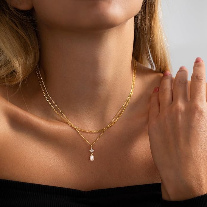 Pearl Necklaces for Women-14k Gold Plated Layered-Single Pearl Necklace Simple Pearl Choker Necklaces for Women Trendy Cute Gold Necklace Jewelry for Women Gifts