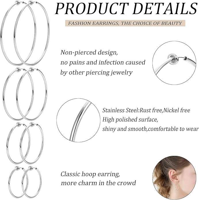Magitaco 8 Pairs Clip On Hoop Earrings Stainless Steel Clip On Earrings for Women Fake Hoop Earring Spring Hoop Earring For Non-Pierced Ears