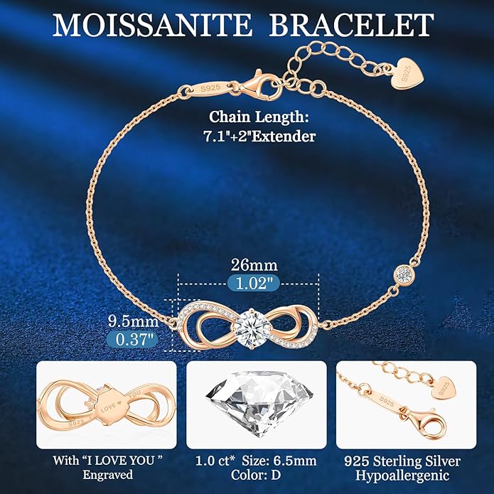 Seelove Moissanite Infinity Heart Bracelets for Women,925 Sterling Silver,18K Gold Plated,Adjustable Anniversary Birthday Fine Jewelry Gifts for Wife Her Mom