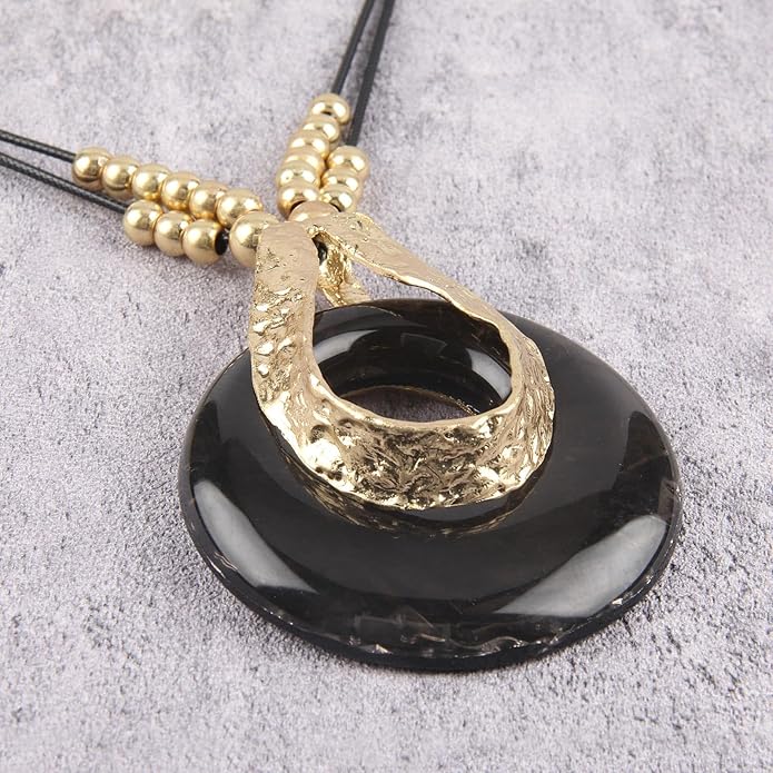 GelConnie Leather Necklace for Women Large Pendant Long Brown Necklace Circle Leather Choker Vintage Sweater Necklace Gold Chunky Boho Necklaces for Women