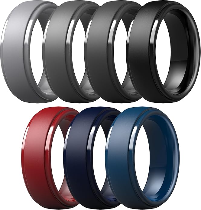 ThunderFit Silicone Rings for Men - 7 Rings / 4 Rings / 1 Ring Step Edge Rubber Wedding Bands 10mm Wide - 2.5mm Thick