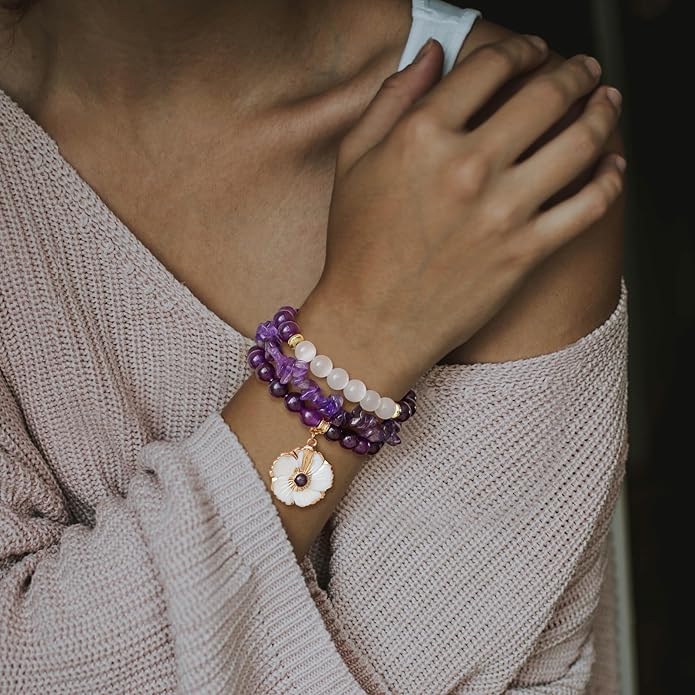 Healing Crystal Beaded Bracelets for Women,Natural Amethyst Gemstones Bracelet,Anxiety Stress Relief Heart Charm Bracelet Handmade purple Jewelry Gifts for Women