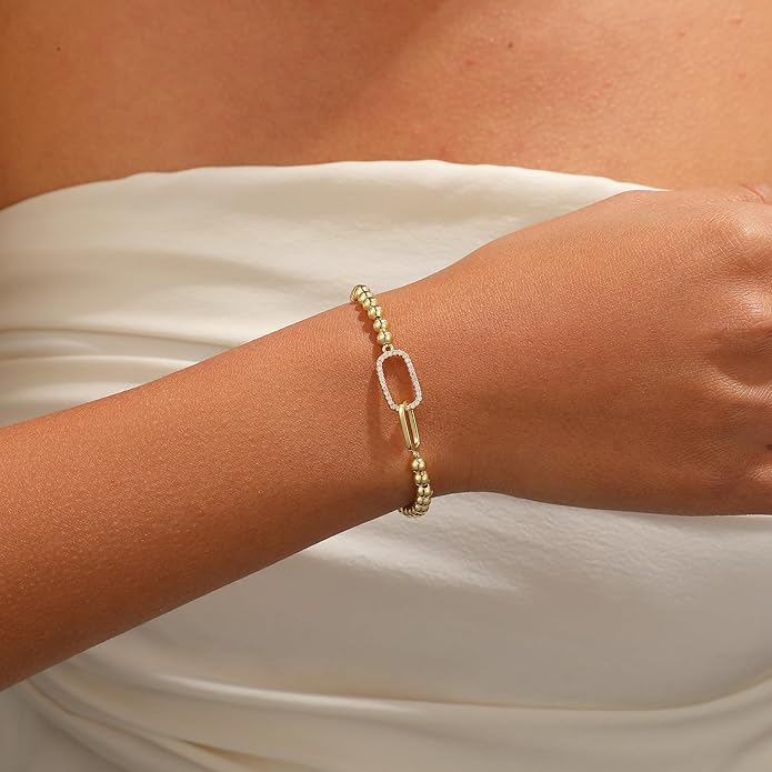 Gold Bracelets for Women, Cute 14K Gold/Silver Plated Stretch Beaded Bracelets for Women Trendy Stackable Charm Bracelet Dainty Adjustable Waterproof Non Tarnish Jewelry Gifts for Her