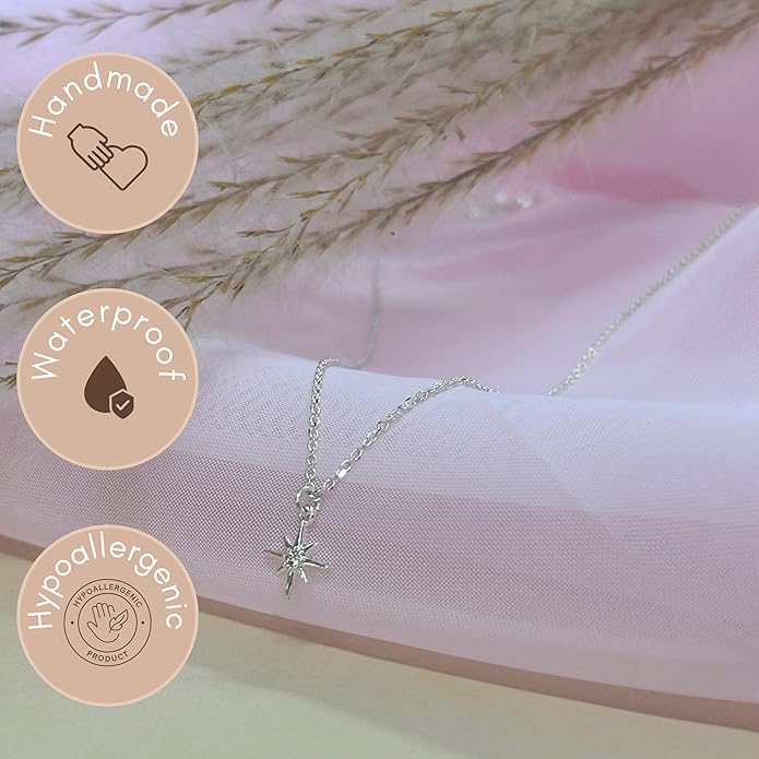 Annika Bella Sterling Silver Star Necklace for Women, Length 15-17 Inches, Tiny Cubic Zirconia North-Star Charm Pendant Necklace, Waterproof, Celestial Jewelry Gift for Her