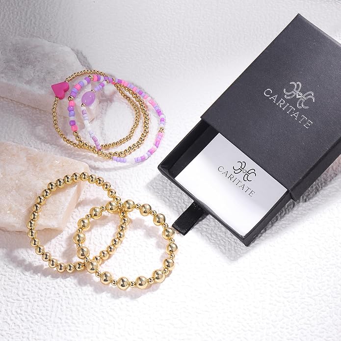 Gold Bracelets for Women Waterproof, 14K Gold Plated Beaded Cross Bracelets Set,Boho Stretch Bracelets Stackable Jewelry for Women Teenage Girls Jewelry Christmas Gifts