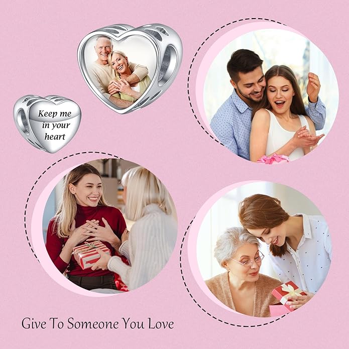 Annmors Personalized Photo Charms For Bracelets/Necklace 925 Sterling Silver Love Heart Shaped Engraved Customize Picture Gift for Birthday Mother's Day,Bead Charms Jewelry for Women