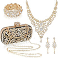 Quelay 4 Pcs Purse Rhinestone Jewelry Set Evening Clutch Bag Bling Crystal Necklace Dangle Earrings Bracelets Accessories
