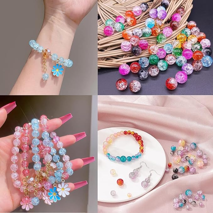 300pcs Crackle Glass Beads, 6mm and 8mm Pink Crystal Glass Beads Round Loose Spacer Bulk Beads for DIY Craft Earring Necklace Bracelet Jewelry