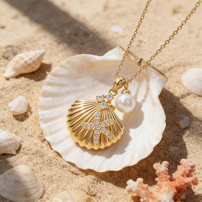MEVECCO Dainty Gold Pendent Necklace for Women 18K Gold Plated Pearl CZ Starfish Seashell Conch Star Crab Boho Handmade Ocean Chain Necklace Summer Beach Jewelry Gift