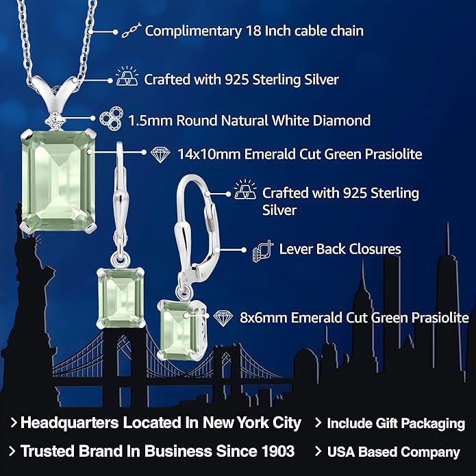 Gem Stone King 9-13 Cttw Pendant and Earrings Jewelry Set For Women | Emerald Cut 14X10MM and 8X6MM | Round 1.5MM | Gemstone Birthstone and Diamond | 925 Sterling Silver | 18 Inch Silver Chain