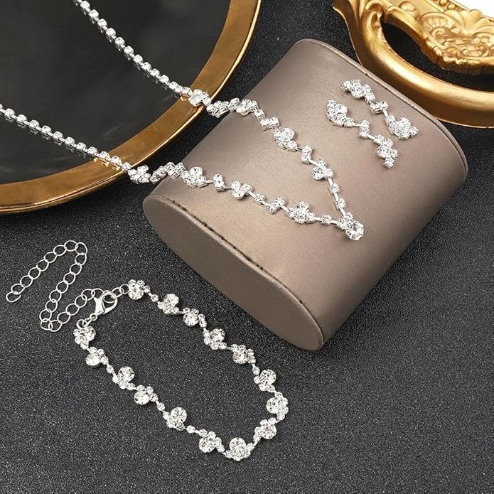 Bling Silver Jewelry Set for Women Trendy Wedding Jewelry Sets for Brides Sparkly Cubic Zirconia Necklace Earring Sets for Women Prom Accessories