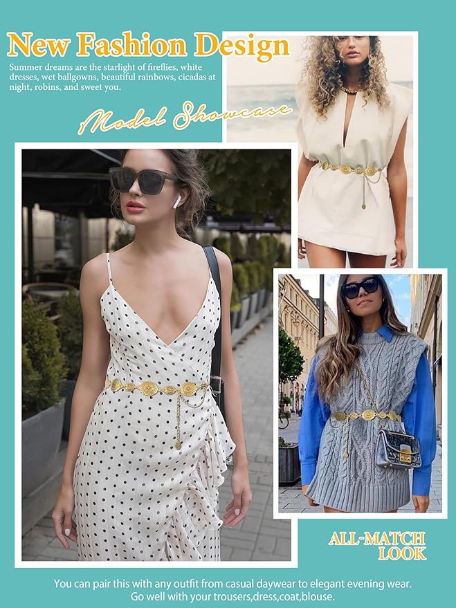 FIORETTO Metal Waist Chain Link Belt for Women Western Cowgirl Boho Turquoise Belts for Dress Jeans Country Concert Outfit
