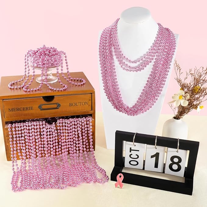 SHAOQINLIN 100 PCS Pink Bead Necklace, 33" Pink Mardi Gras Beads, Breast Cancer Awareness Beaded Necklaces, Party Beads for Mardi Gras, Christmas, Valentine's Day, Wedding, Gender Reveal Party Favors