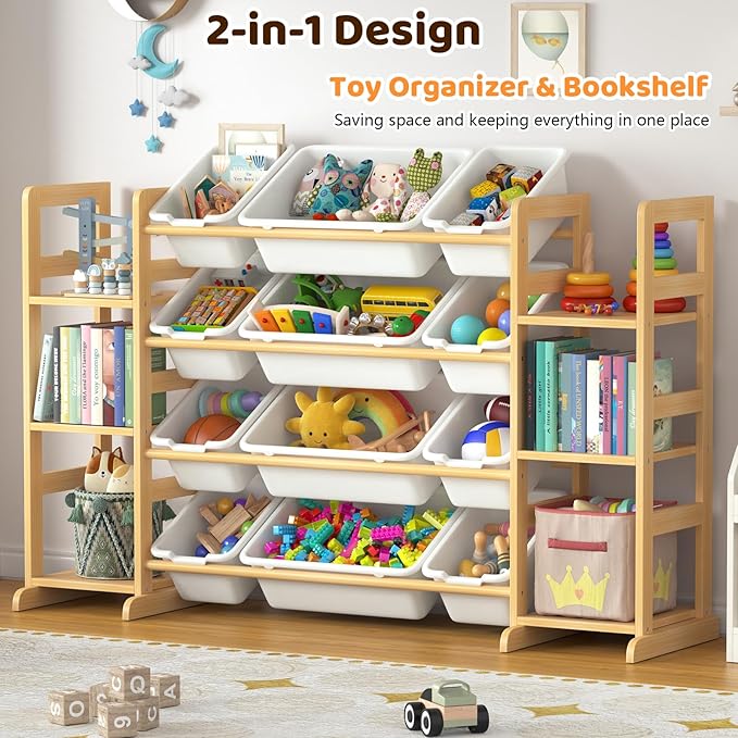 Large Toy Storage Organizer Kids Toy Organizer and Bookshelf Combo with 12 Bins and 6 Shelves Toy Organization Box Toy Shelf for Playroom, Bedroom, Nursery