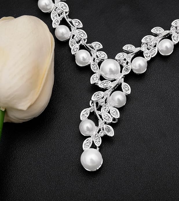 CSY Elegant Bridal Necklace Earrings Bracelets Leaves Shape Wedding Prom Dress Accessories Rhinestones Jewelry Sets for Bride Bridesmaid