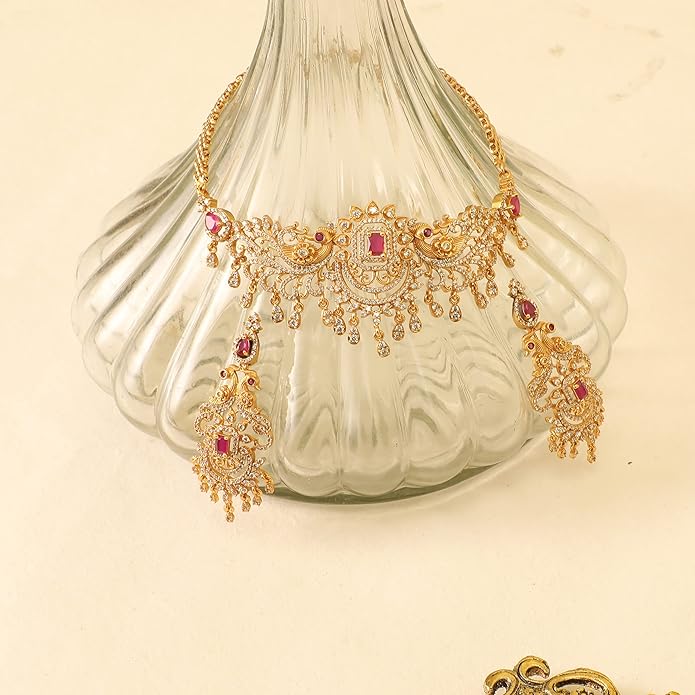 TARINIKA Brass Indian Choker Necklace Set - Gold Plated Cubic Zirconia Indian Jewelry Sets for Women Dangle, Drop, Jhumka Earrings Traditional Desi Necklace Pearls Gift for her