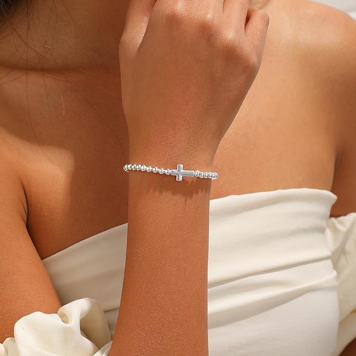Gold Bracelets for Women, Cute 14K Gold/Silver Plated Stretch Beaded Bracelets for Women Trendy Stackable Charm Bracelet Dainty Adjustable Waterproof Non Tarnish Jewelry Gifts for Her