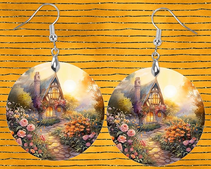 Round Wood Earrings Light Weight Printed Image Dangle Jewelry