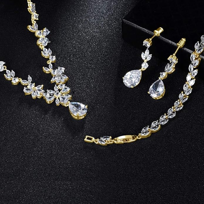 Hadskiss Jewelry Set for Women, Necklace Dangle Earrings Bracelet Set with White AAA Cubic Zirconia, Allergy Free Wedding Party Jewelry for Bridal Bridesmaid