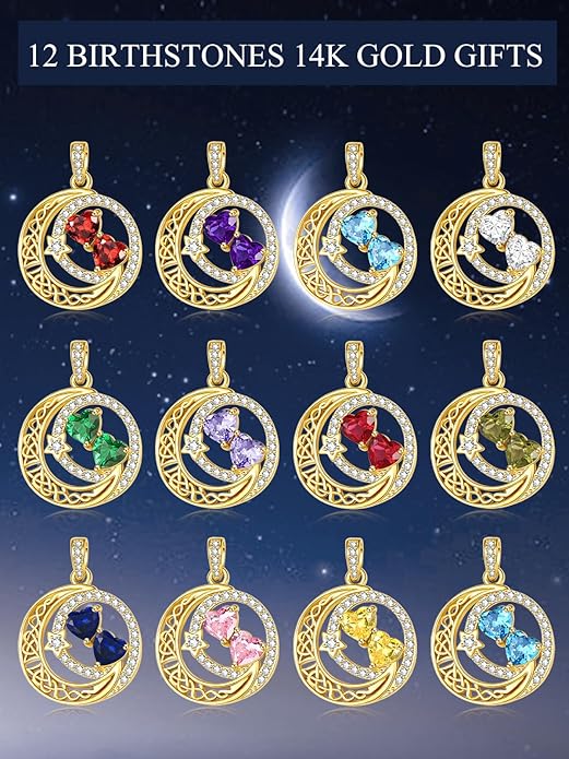 14K Gold Moon and Star Necklace Gifts for Women - Double Heart Birthstone Necklace, Valentines Wedding Anniversary Birthday Gifts for Her Wife Mom Daughter Grandma Sister